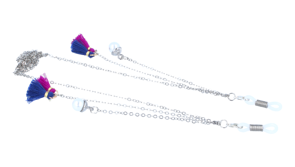 Hübsche Brillenkette aus Messing mit bunten Quasten und Schlaufenringe in Silber