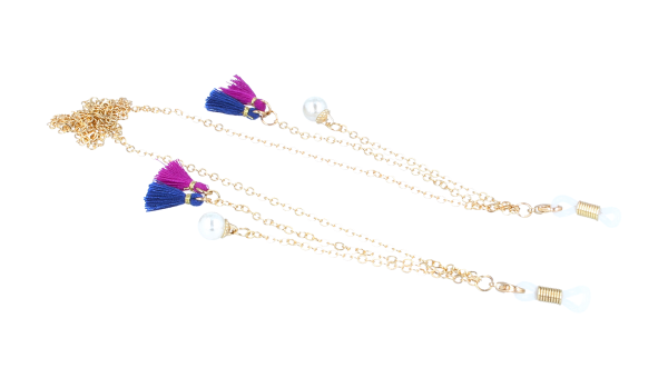 Hübsche Brillenkette aus Messing mit bunten Quasten und Schlaufenringe in Gold